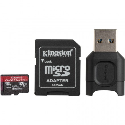 Карта памяти Kingston Canvas React Plus microSDXC 128GB с адаптером и USB-ридером